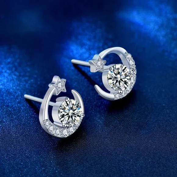 Certified 1 ct. t.w. Moissanite Diamond Moon Star Stud Earrings NEW - Picture 3 of 9